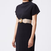 Light taupe elastic-backed belt with distended buckle